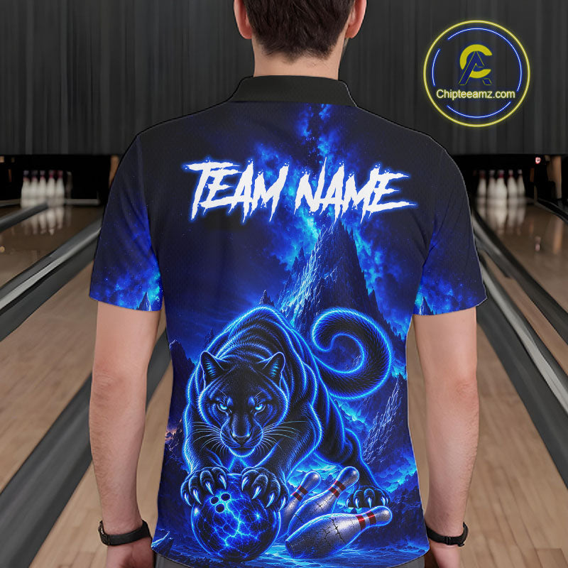 Custom Neon Blue Panther Bowling Shirt Cool Bowling Jersey Bowling Outfit