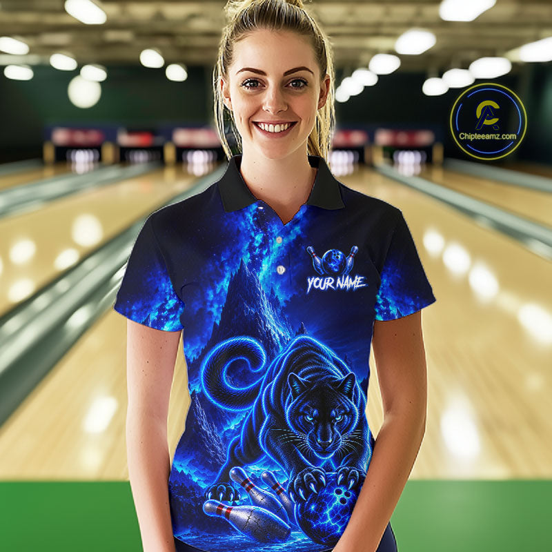 Custom Neon Blue Panther Bowling Shirt Cool Bowling Jersey Bowling Outfit