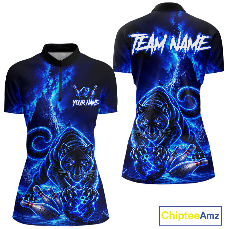 Custom Neon Blue Panther Bowling Shirt Cool Bowling Jersey Bowling Outfit