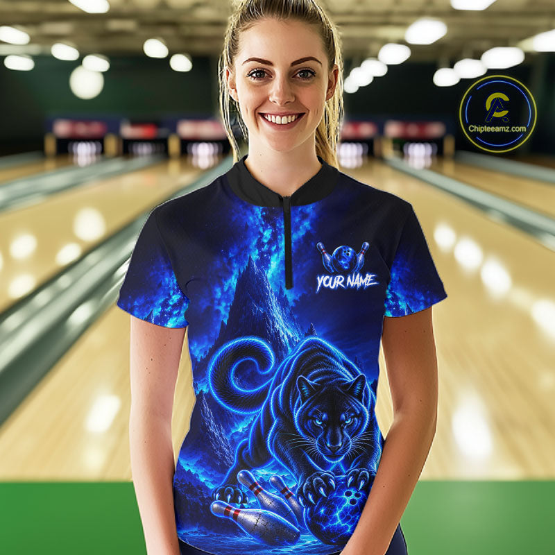 Custom Neon Blue Panther Bowling Shirt Cool Bowling Jersey Bowling Outfit