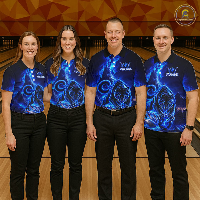 Custom Neon Blue Panther Bowling Shirt Cool Bowling Jersey Bowling Outfit