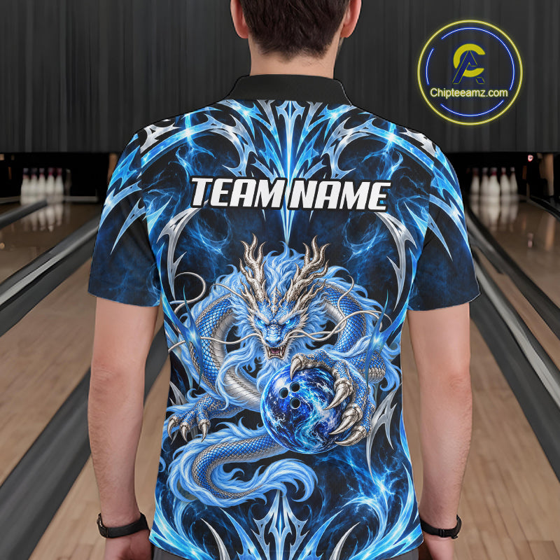 Custom Thunder Dragon Bowling Shirt Blue Tribal Bowling Jersey Polo & Quarter-Zip