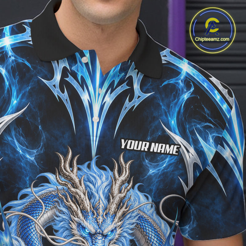 Custom Thunder Dragon Bowling Shirt Blue Tribal Bowling Jersey Polo & Quarter-Zip
