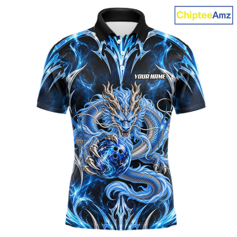 Custom Thunder Dragon Bowling Shirt Blue Tribal Bowling Jersey Polo & Quarter-Zip