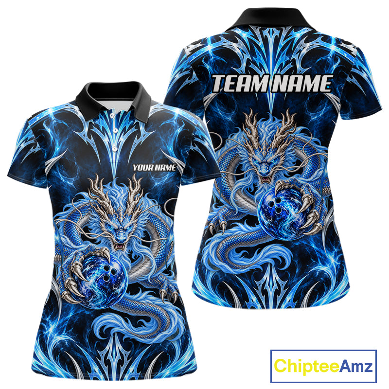 Custom Thunder Dragon Bowling Shirt Blue Tribal Bowling Jersey Polo & Quarter-Zip