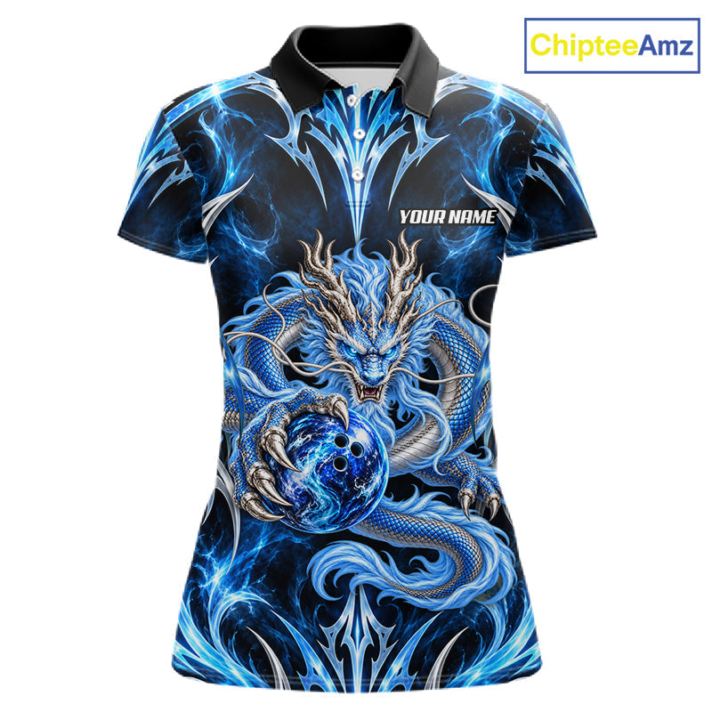 Custom Thunder Dragon Bowling Shirt Blue Tribal Bowling Jersey Polo & Quarter-Zip