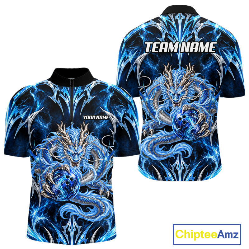 Custom Thunder Dragon Bowling Shirt Blue Tribal Bowling Jersey Polo & Quarter-Zip