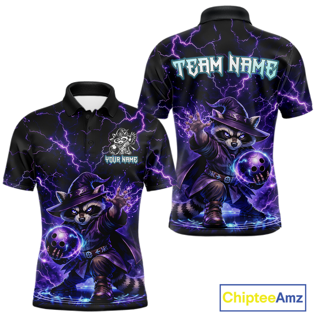 Personalized Raccoon Wizard Bowling Shirt Purple Thunder Lightning Bowling Jersey
