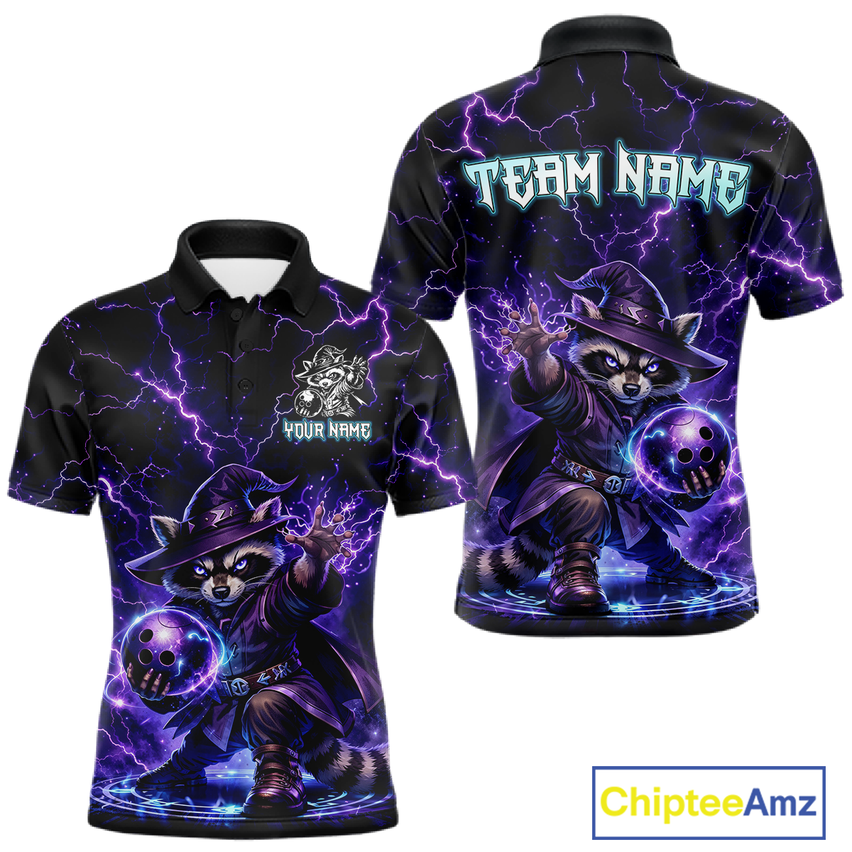 Personalized Raccoon Wizard Bowling Shirt Purple Thunder Lightning Bowling Jersey