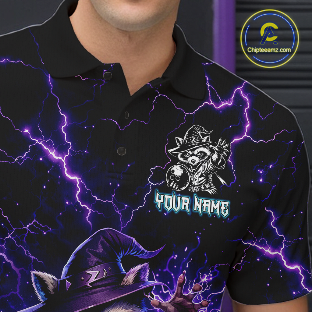 Personalized Raccoon Wizard Bowling Shirt Purple Thunder Lightning Bowling Jersey