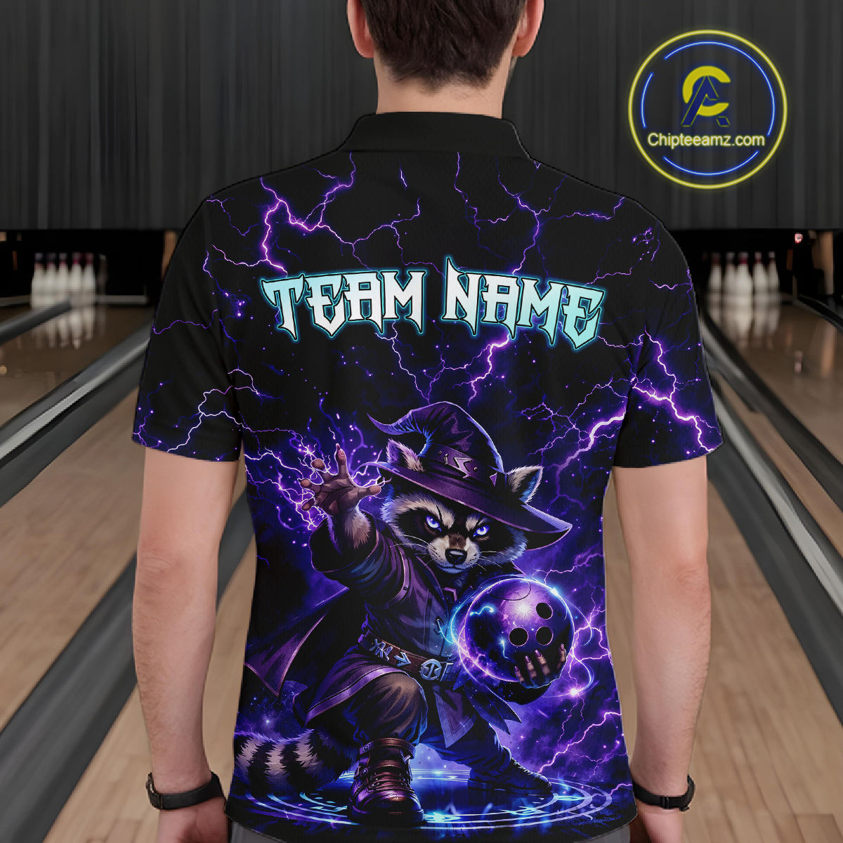 Personalized Raccoon Wizard Bowling Shirt Purple Thunder Lightning Bowling Jersey