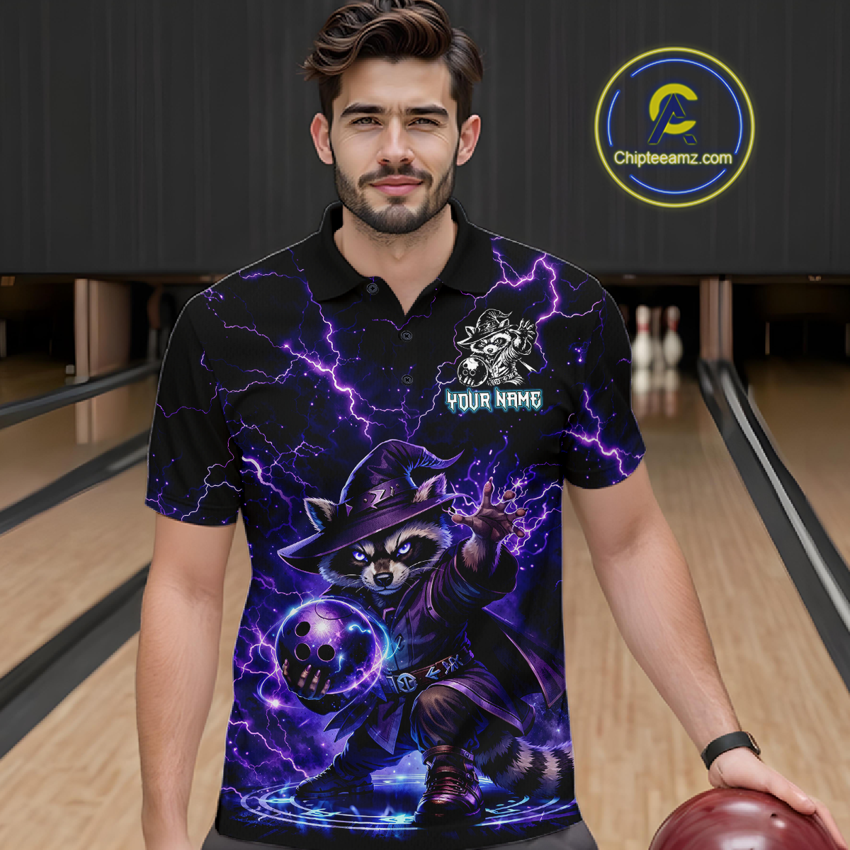 Personalized Raccoon Wizard Bowling Shirt Purple Thunder Lightning Bowling Jersey