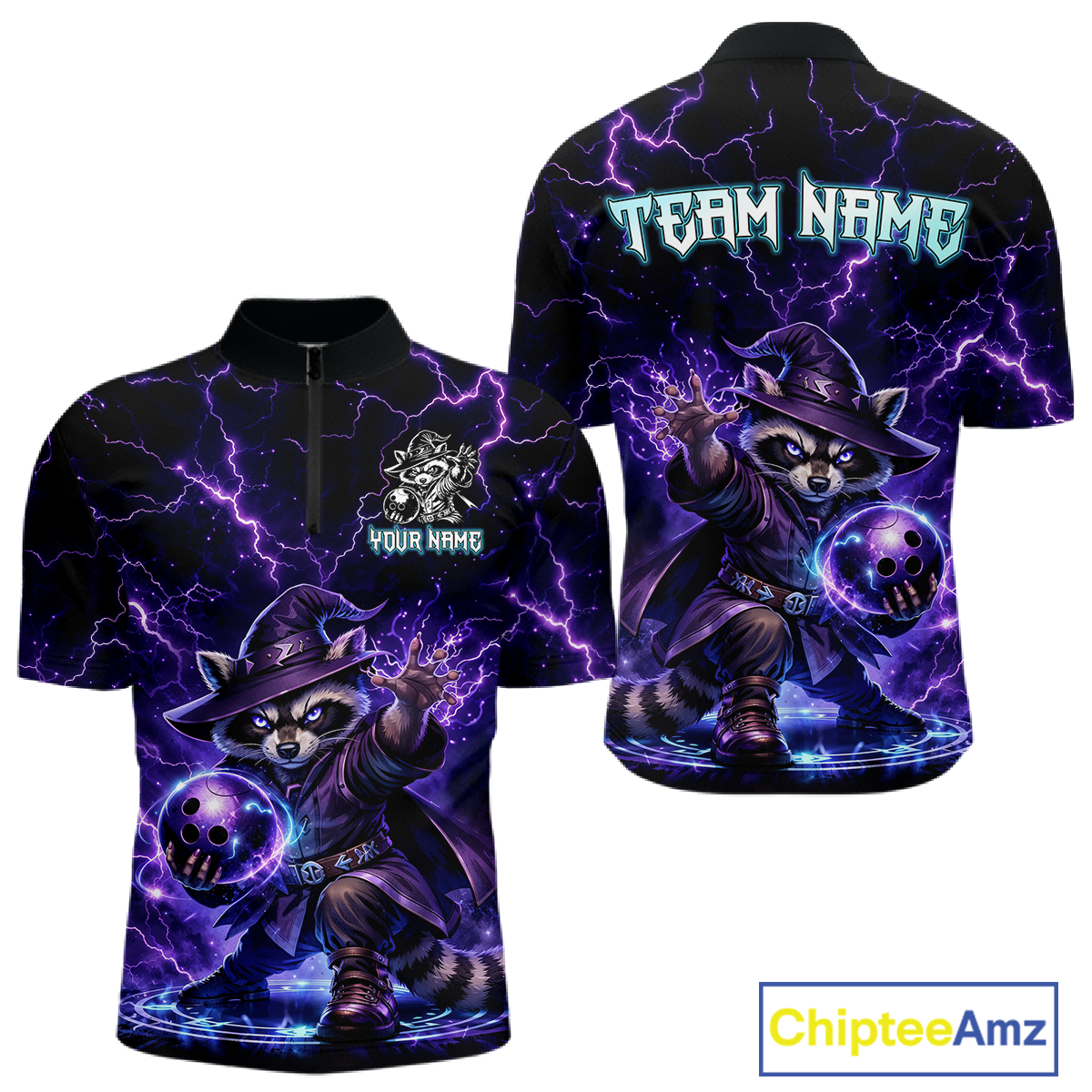 Personalized Raccoon Wizard Bowling Shirt Purple Thunder Lightning Bowling Jersey