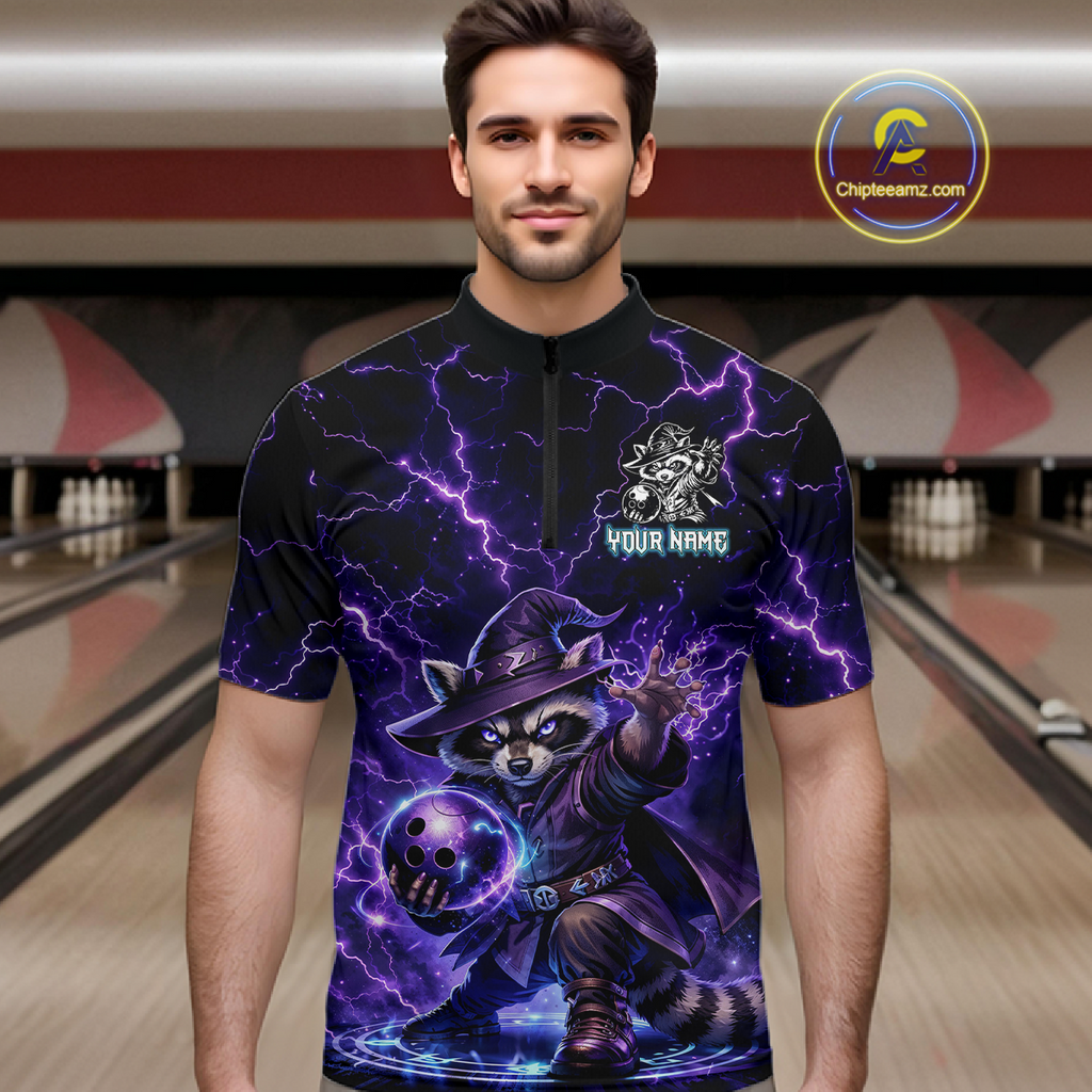 Personalized Raccoon Wizard Bowling Shirt Purple Thunder Lightning Bowling Jersey