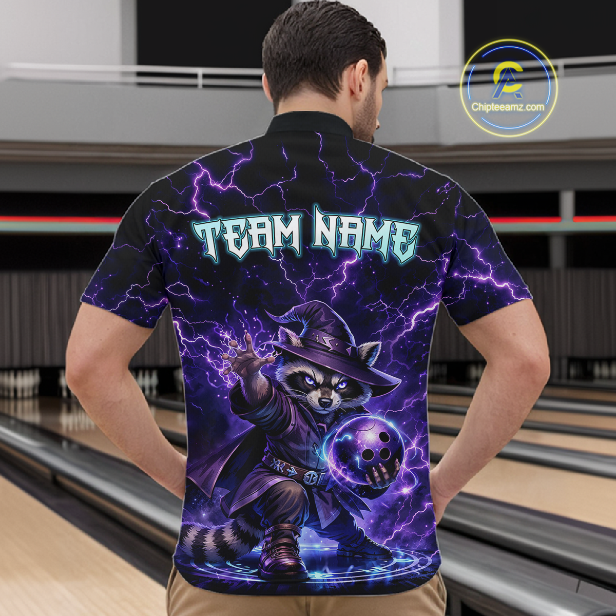 Personalized Raccoon Wizard Bowling Shirt Purple Thunder Lightning Bowling Jersey