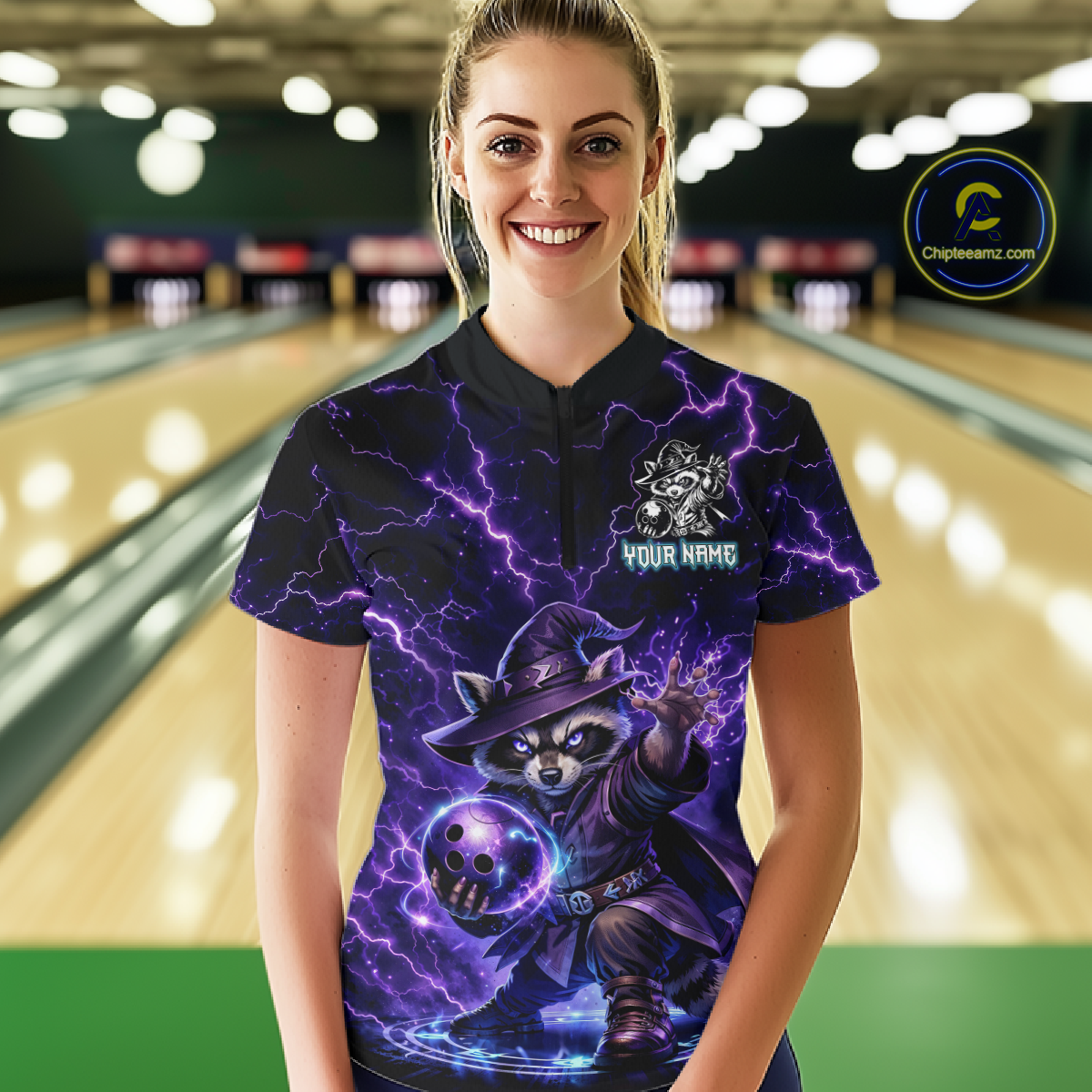 Personalized Raccoon Wizard Bowling Shirt Purple Thunder Lightning Bowling Jersey