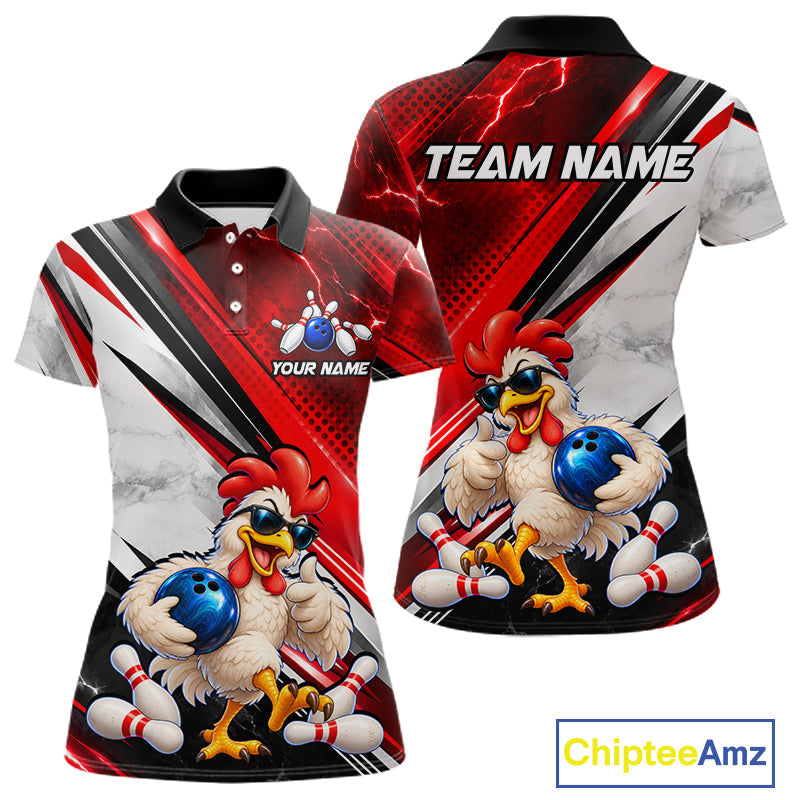 Funny Chicken Bowling Shirt Custom Red White Bowling Jersey Polo & 1/4-Zip