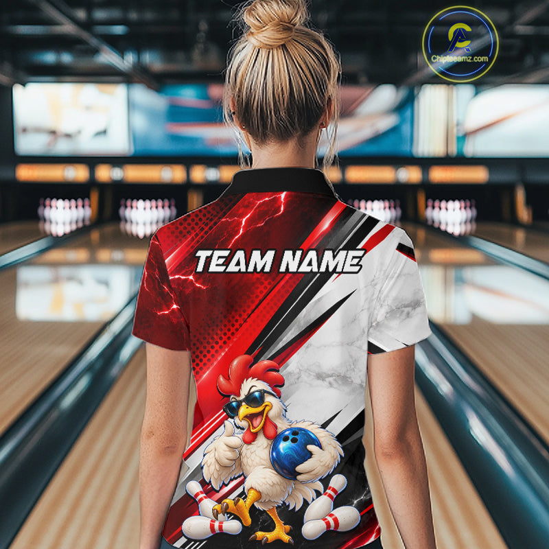 Funny Chicken Bowling Shirt Custom Red White Bowling Jersey Polo & 1/4-Zip