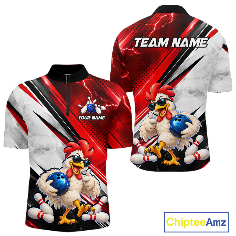 Funny Chicken Bowling Shirt Custom Red White Bowling Jersey Polo & 1/4-Zip