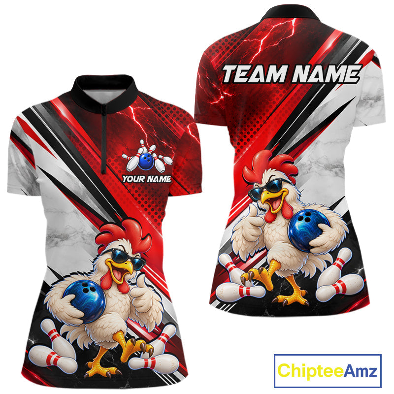 Funny Chicken Bowling Shirt Custom Red White Bowling Jersey Polo & 1/4-Zip