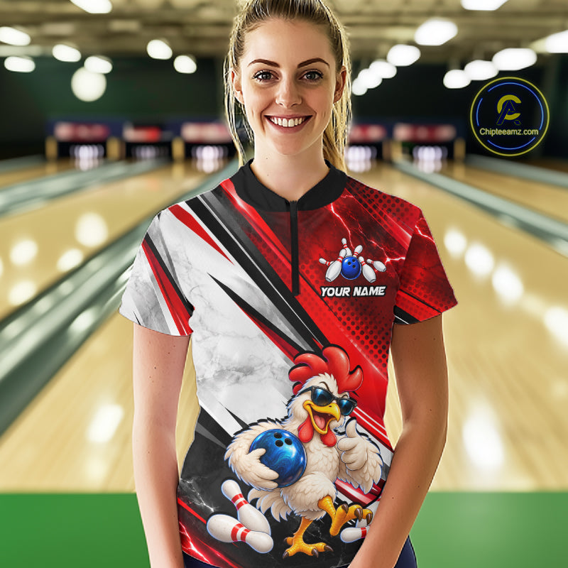 Funny Chicken Bowling Shirt Custom Red White Bowling Jersey Polo & 1/4-Zip