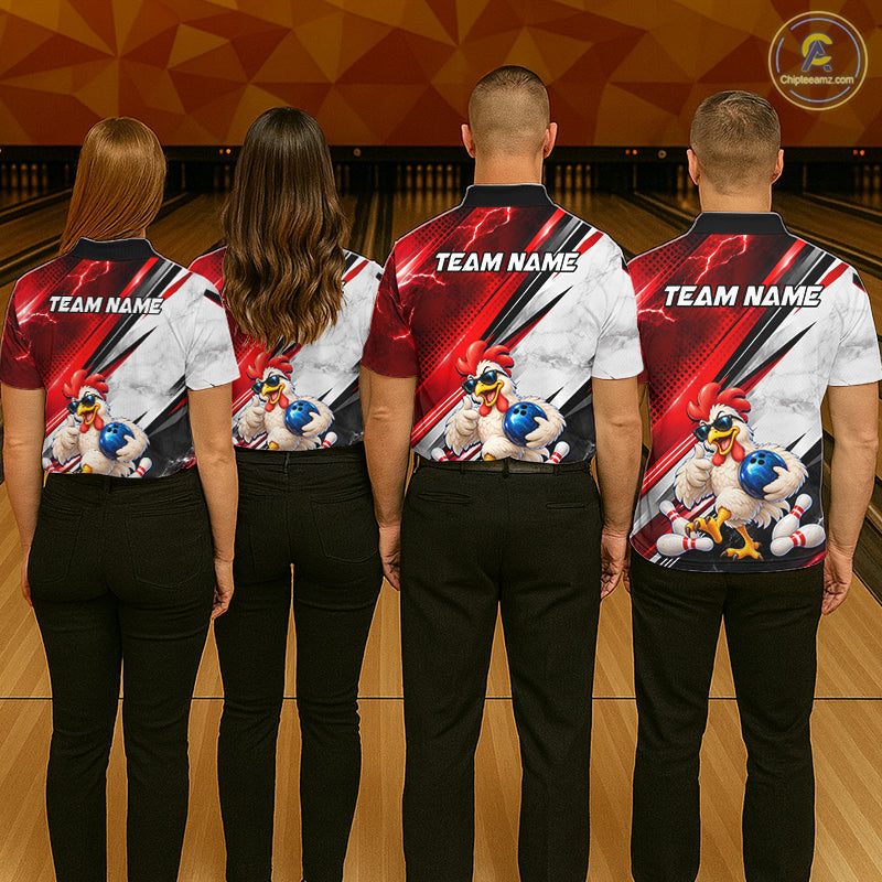 Funny Chicken Bowling Shirt Custom Red White Bowling Jersey Polo & 1/4-Zip