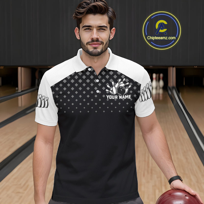 Custom Black and White Bowling Team Shirt Bowling League Jersey Polo & 1/4 Zip