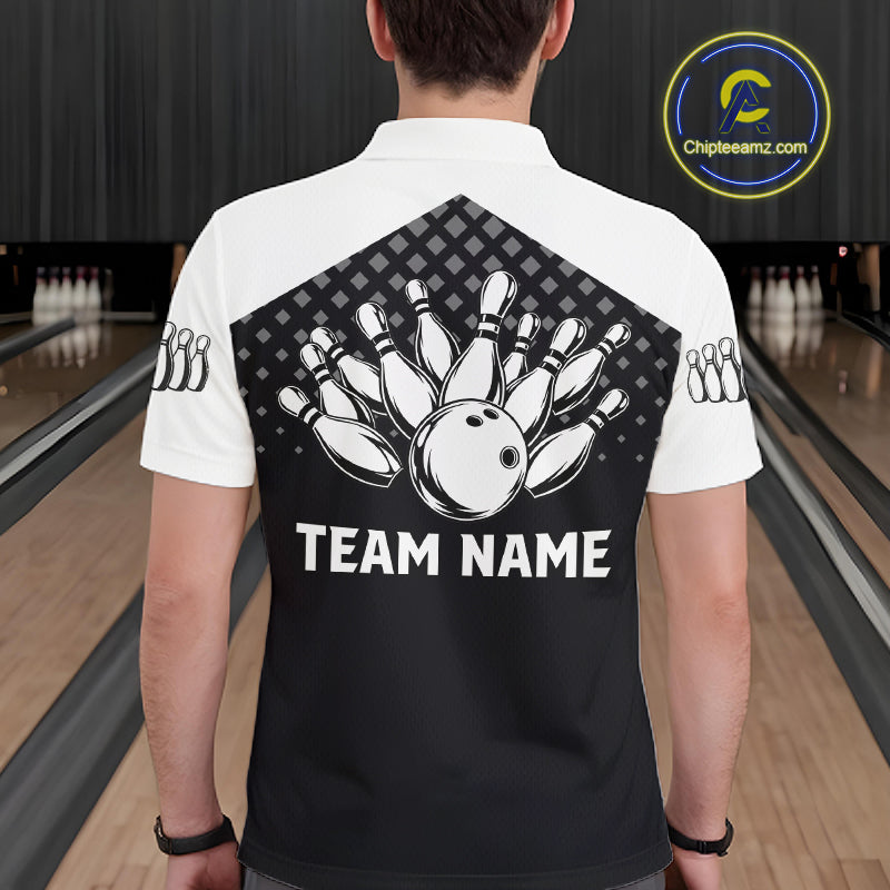 Custom Black and White Bowling Team Shirt Bowling League Jersey Polo & 1/4 Zip