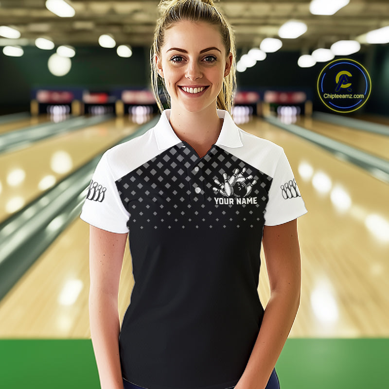Custom Black and White Bowling Team Shirt Bowling League Jersey Polo & 1/4 Zip