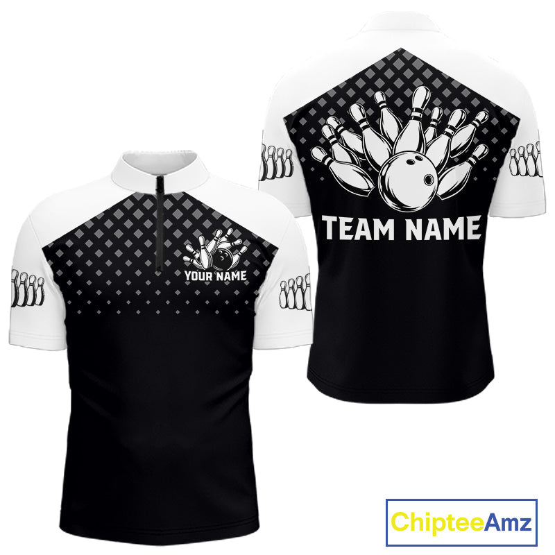 Custom Black and White Bowling Team Shirt Bowling League Jersey Polo & 1/4 Zip