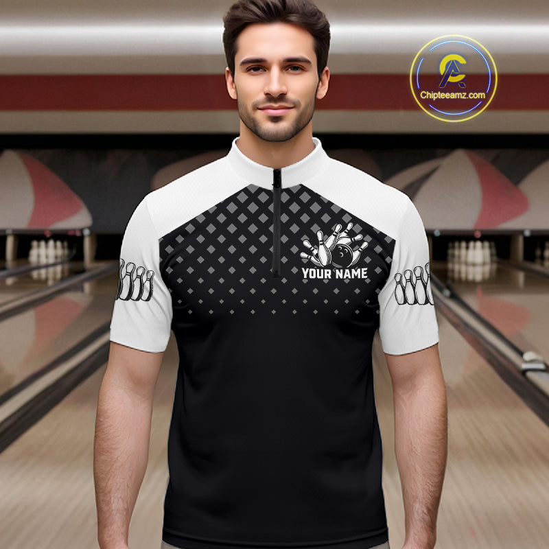 Custom Black and White Bowling Team Shirt Bowling League Jersey Polo & 1/4 Zip