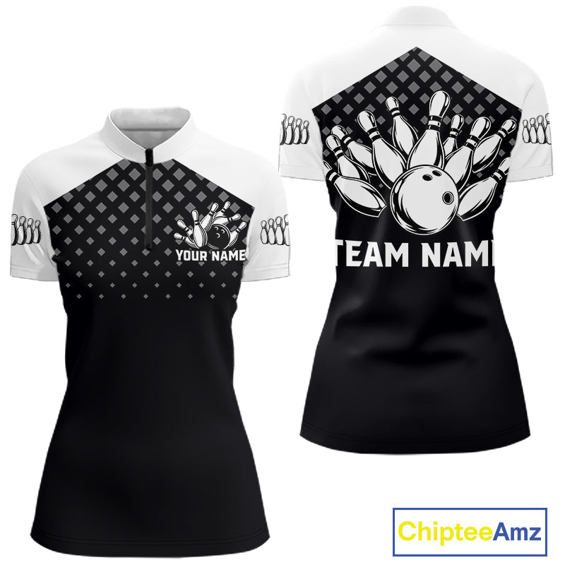Custom Black and White Bowling Team Shirt Bowling League Jersey Polo & 1/4 Zip