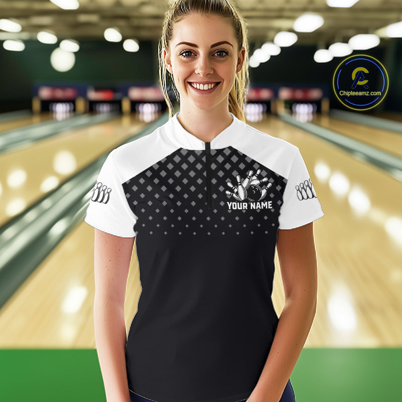 Custom Black and White Bowling Team Shirt Bowling League Jersey Polo & 1/4 Zip