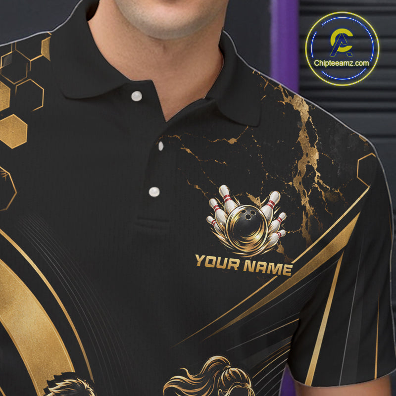 Custom Black Gold Bowling Team Shirt Bowling League Jersey Polo & 1/4 Zip