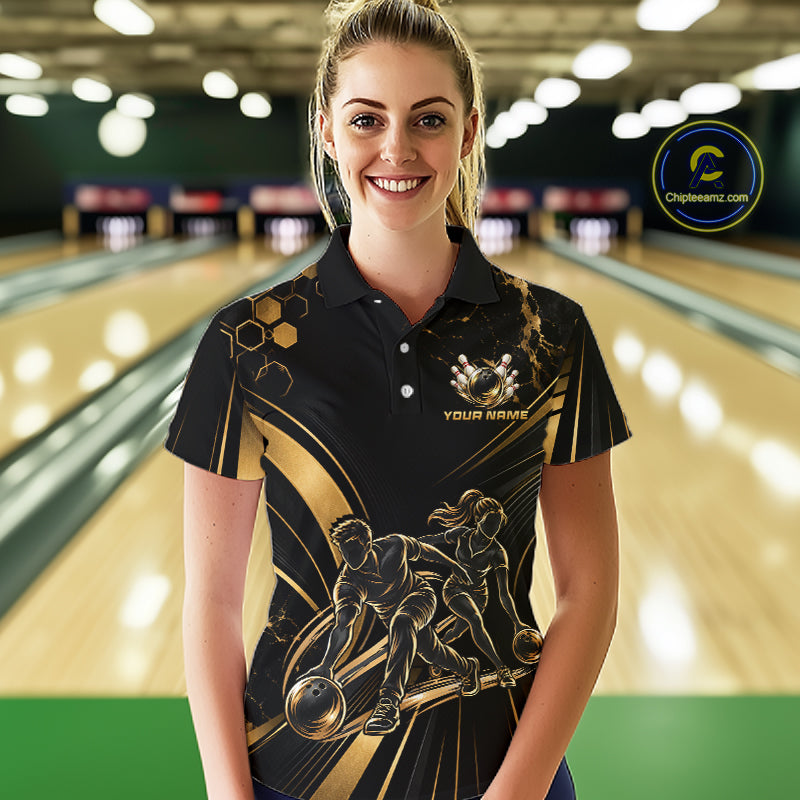 Custom Black Gold Bowling Team Shirt Bowling League Jersey Polo & 1/4 Zip