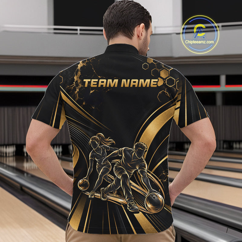 Custom Black Gold Bowling Team Shirt Bowling League Jersey Polo & 1/4 Zip