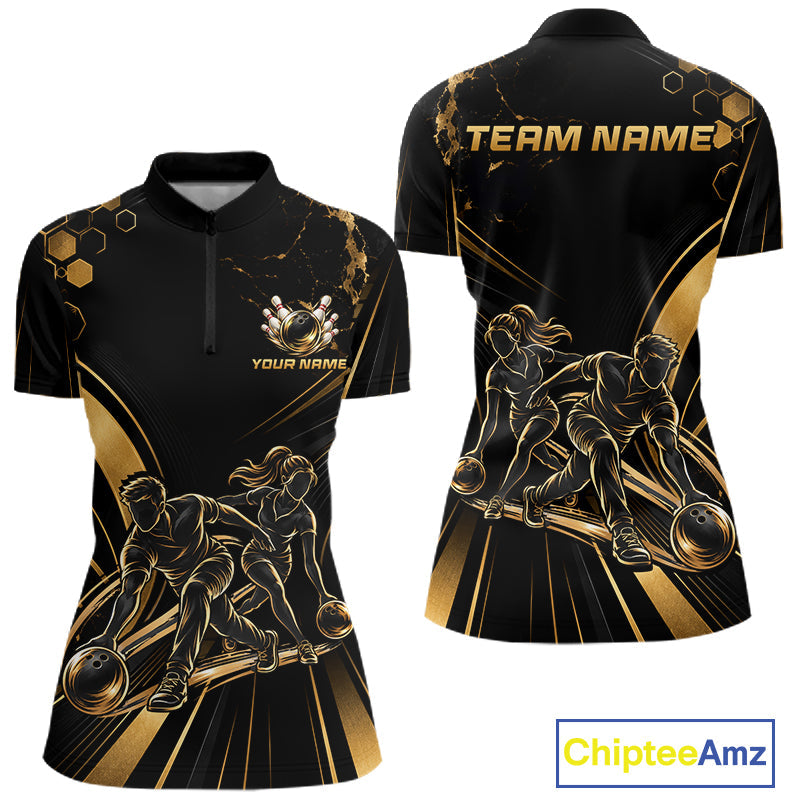 Custom Black Gold Bowling Team Shirt Bowling League Jersey Polo & 1/4 Zip