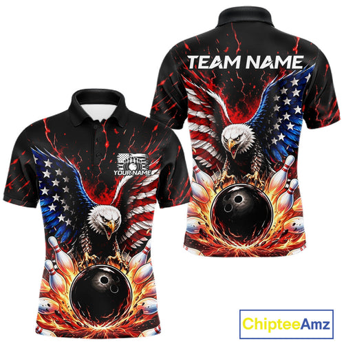 Custom American Flag Eagle Bowling Shirt Flame Patriotic Bowling Jersey League