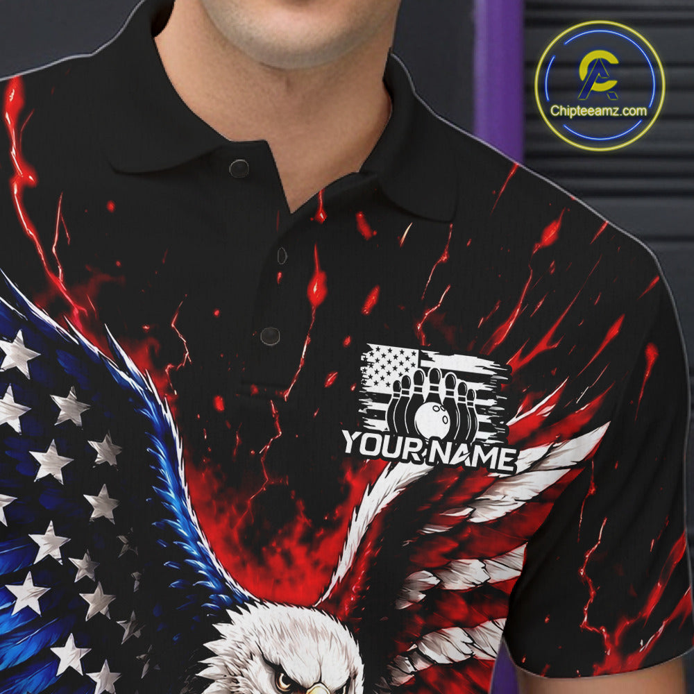 Custom American Flag Eagle Bowling Shirt Flame Patriotic Bowling Jersey League
