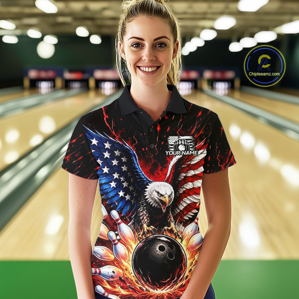 Custom American Flag Eagle Bowling Shirt Flame Patriotic Bowling Jersey League