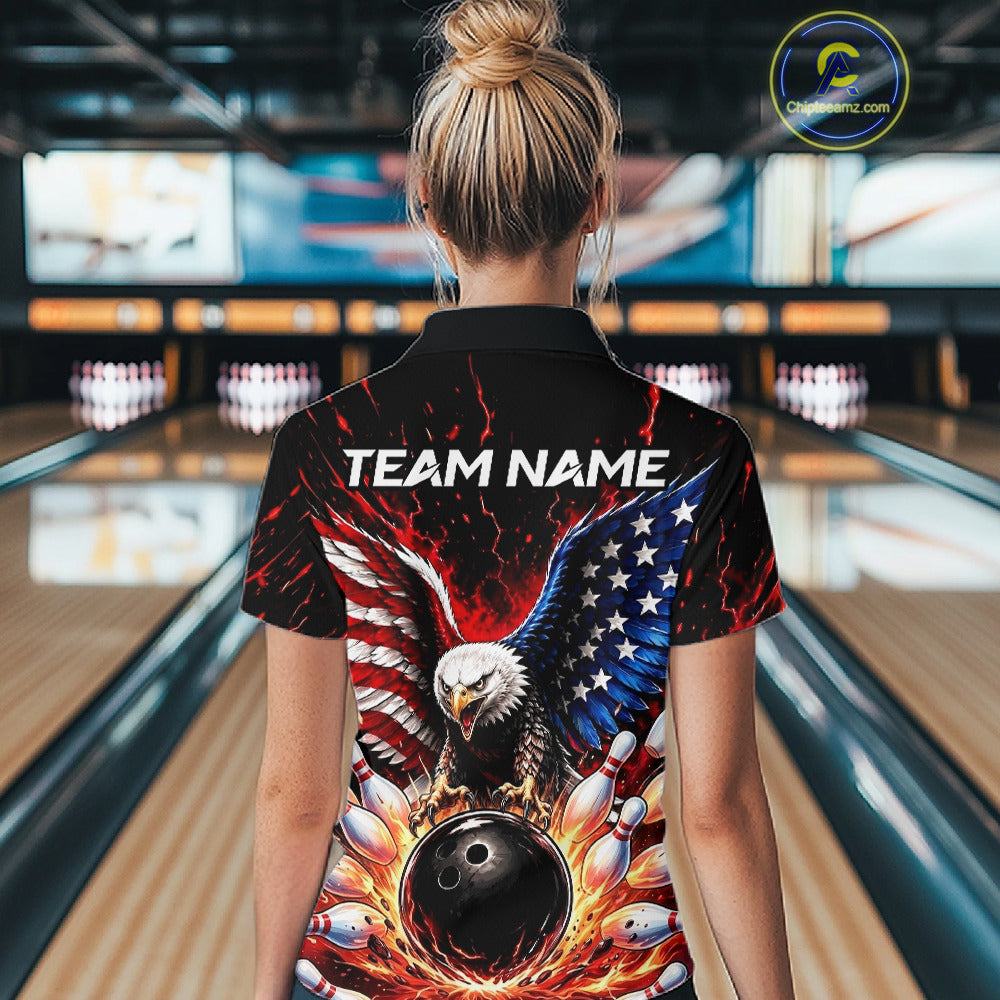 Custom American Flag Eagle Bowling Shirt Flame Patriotic Bowling Jersey League