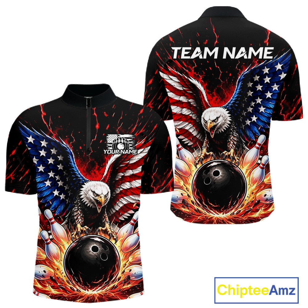 Custom American Flag Eagle Bowling Shirt Flame Patriotic Bowling Jersey League
