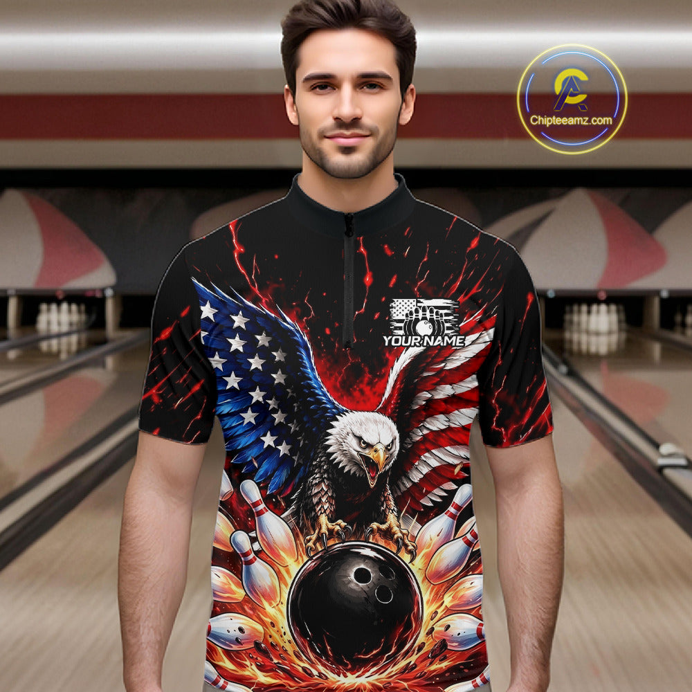 Custom American Flag Eagle Bowling Shirt Flame Patriotic Bowling Jersey League