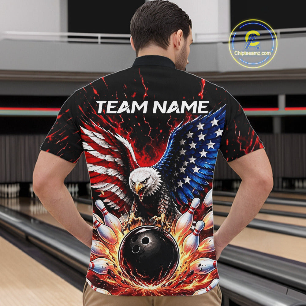 Custom American Flag Eagle Bowling Shirt Flame Patriotic Bowling Jersey League