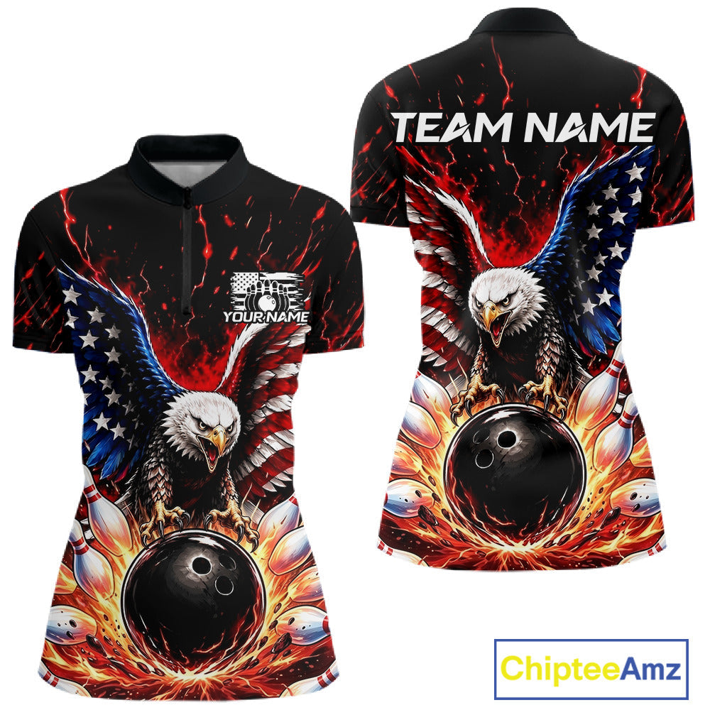 Custom American Flag Eagle Bowling Shirt Flame Patriotic Bowling Jersey League