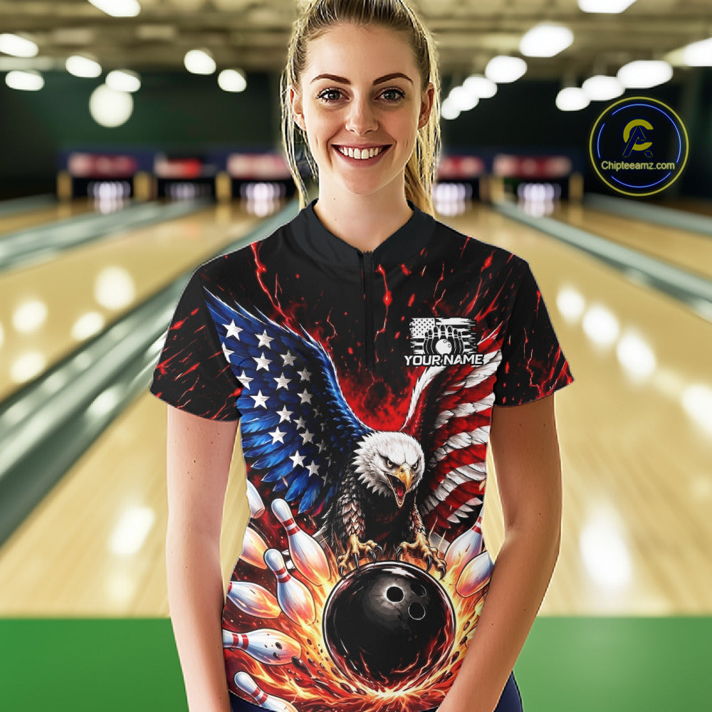 Custom American Flag Eagle Bowling Shirt Flame Patriotic Bowling Jersey League