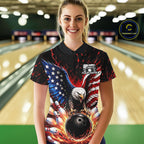 Custom American Flag Eagle Bowling Shirt Flame Patriotic Bowling Jersey League