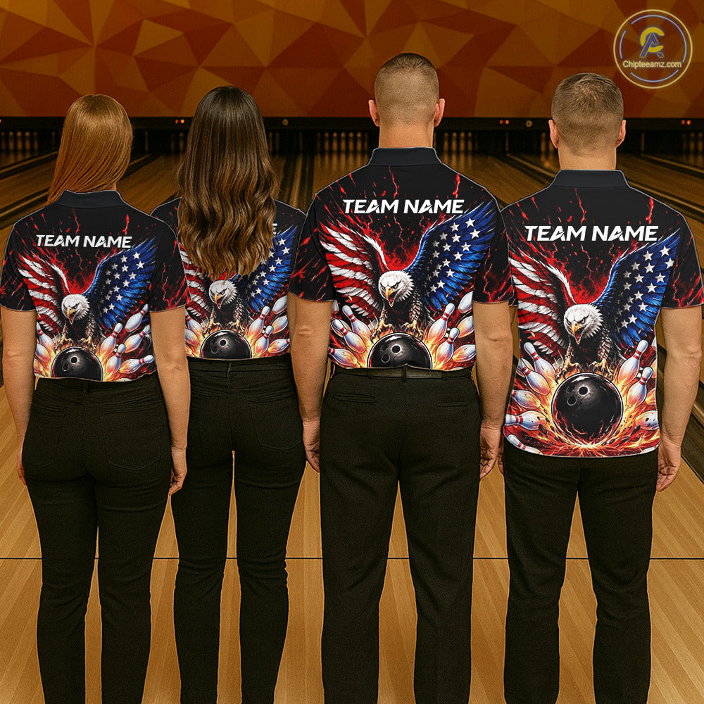 Custom American Flag Eagle Bowling Shirt Flame Patriotic Bowling Jersey League