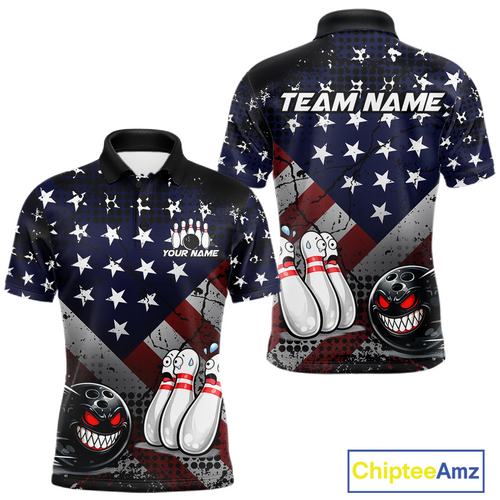 Custom American Flag Funny Bowling Team Shirt Polo & Quarter-Zip Bowling Jersey Blue Red White