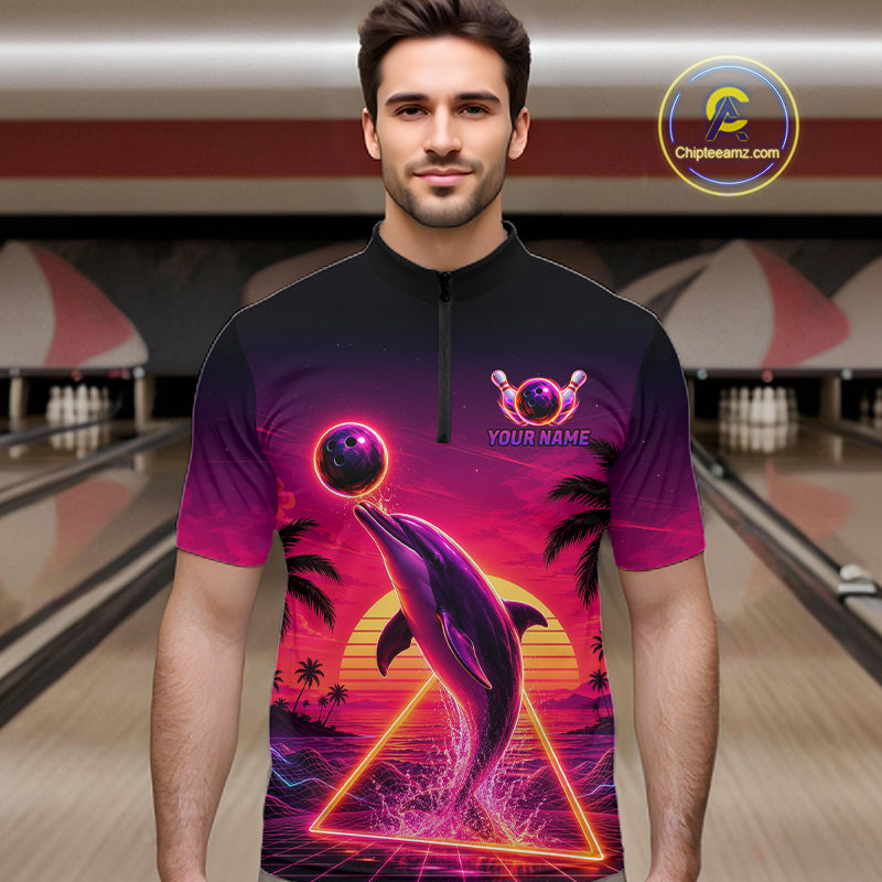 Custom Tropical Sunset Dolphin Bowling Shirt Funny Bowling Jersey